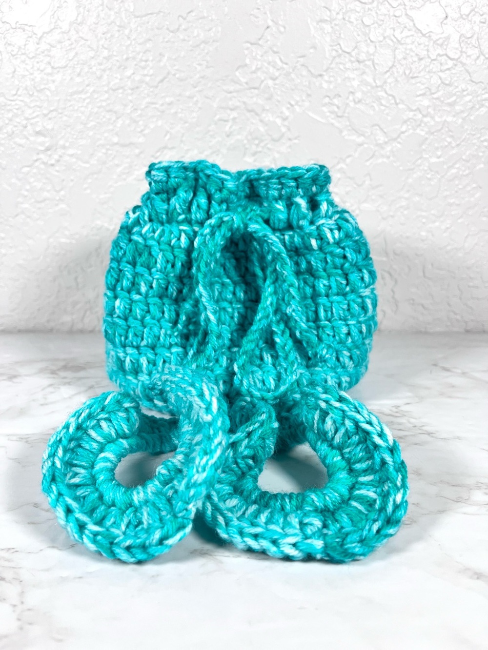 Teal Crochet Drawstring Bag With 2 Matching Scrunchies